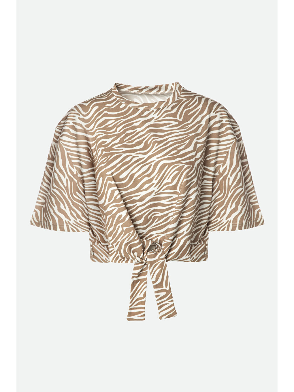 Kahverengi Kadın Pamuklu Önden Bağlamalı Desenli Crop T-shirt Pijama Takımı-7