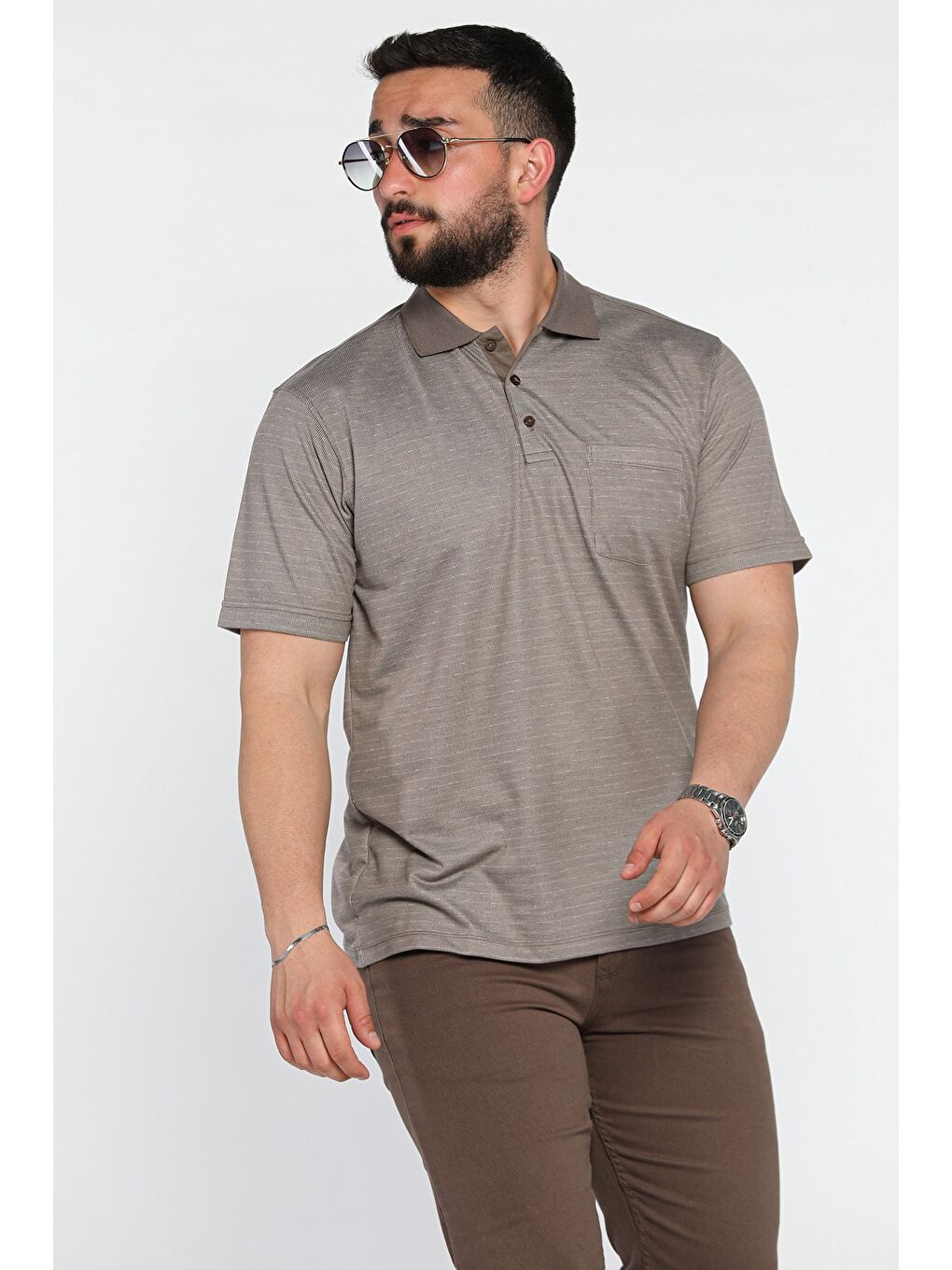 Bej Polo Yaka Yarım Düğmeli Cepli Erkek Tişört-1