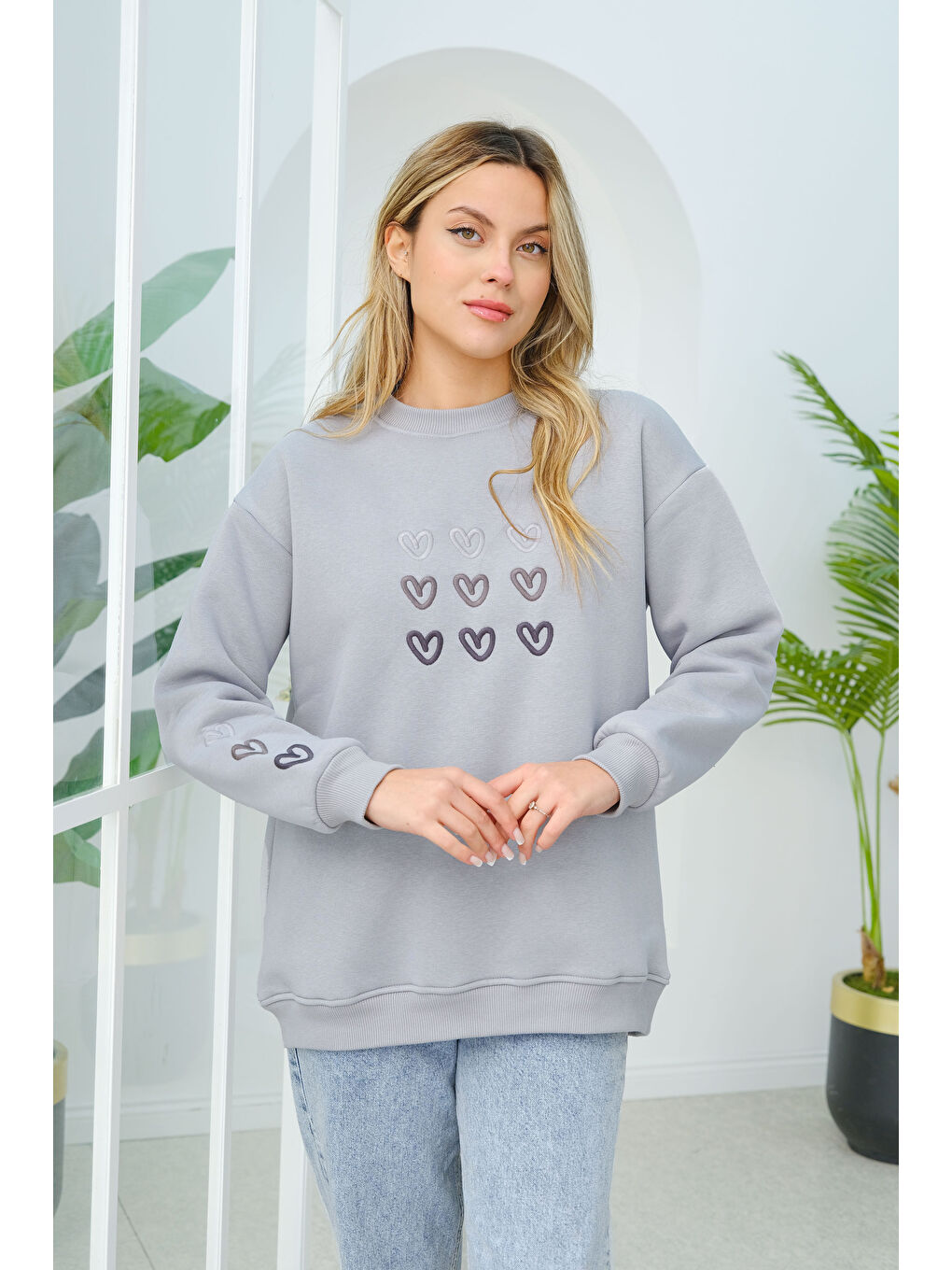 Locco Moda Kalp Nakışlı Sweat Gri - 1