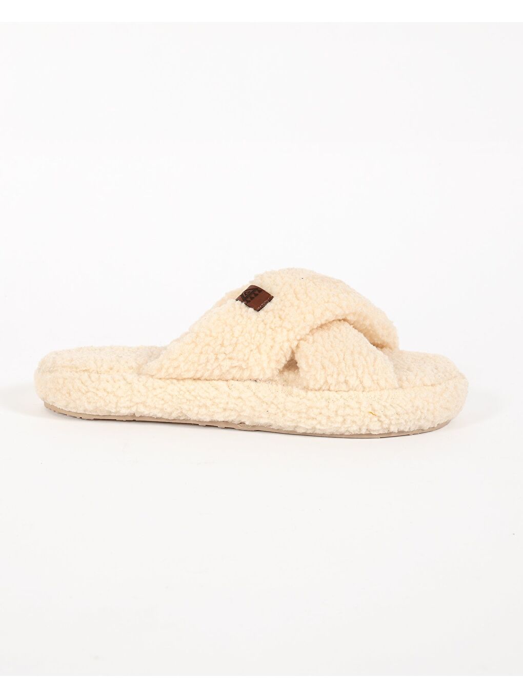 Bej Kadın Deri Etiket Detaylı Ev Terliği-JANA-3