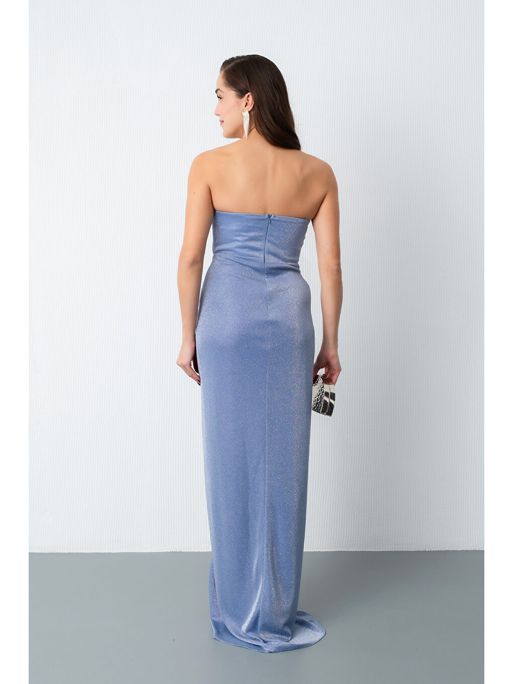 Kadın İndigo Straplez Simli Örme Abiye Elbise-5