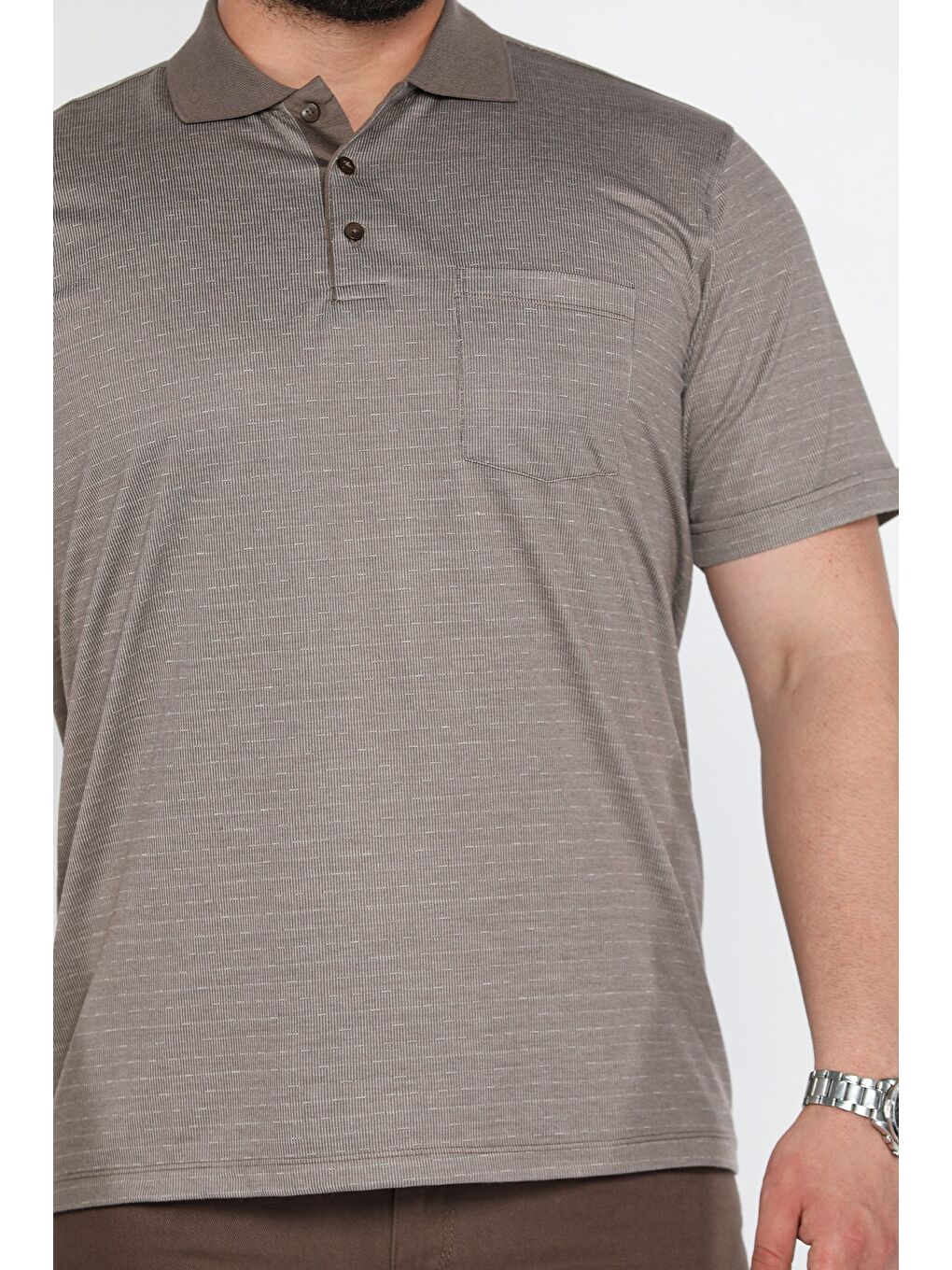 Bej Polo Yaka Yarım Düğmeli Cepli Erkek Tişört-3