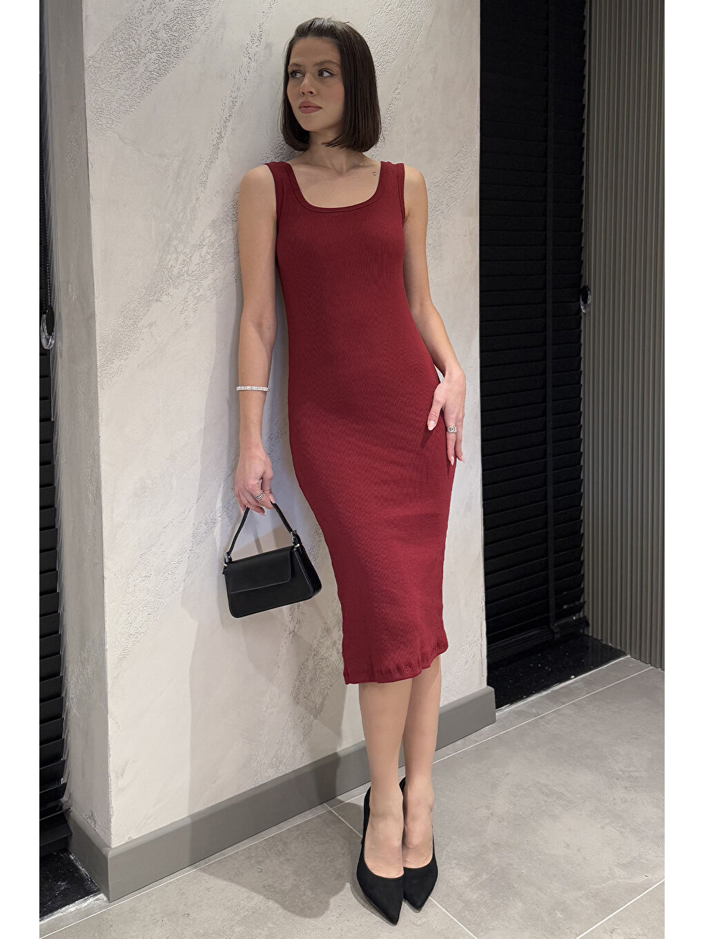 Bordo Kaşkorse Kare Yaka Askılı Elbise