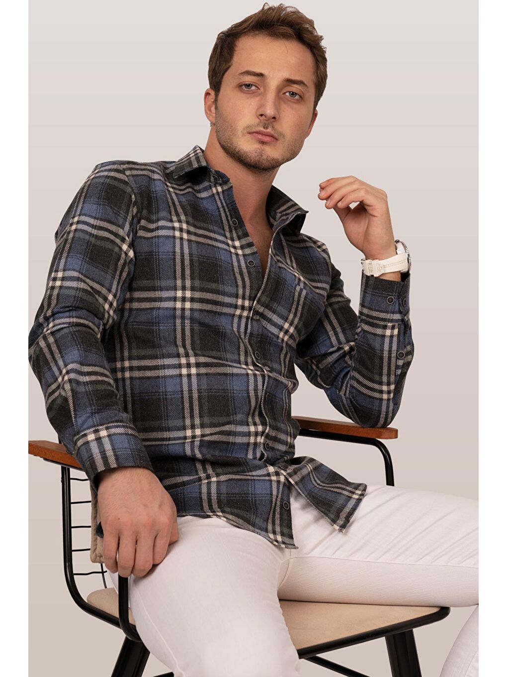 Lacivert Beyaz Slimfit %100 Pamuk Erkek Oduncu Gömlek-1