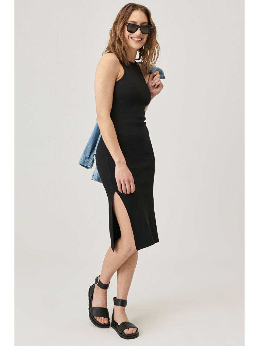 Siyah Skinny Fit %100 Pamuk Kolsuz Elbise-2