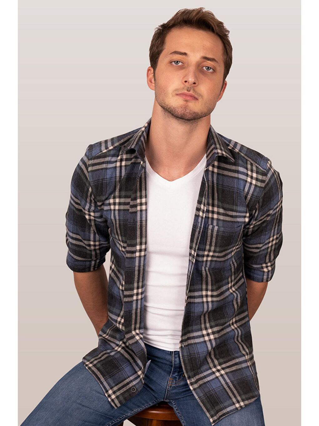 Lacivert Beyaz Slimfit %100 Pamuk Erkek Oduncu Gömlek-2