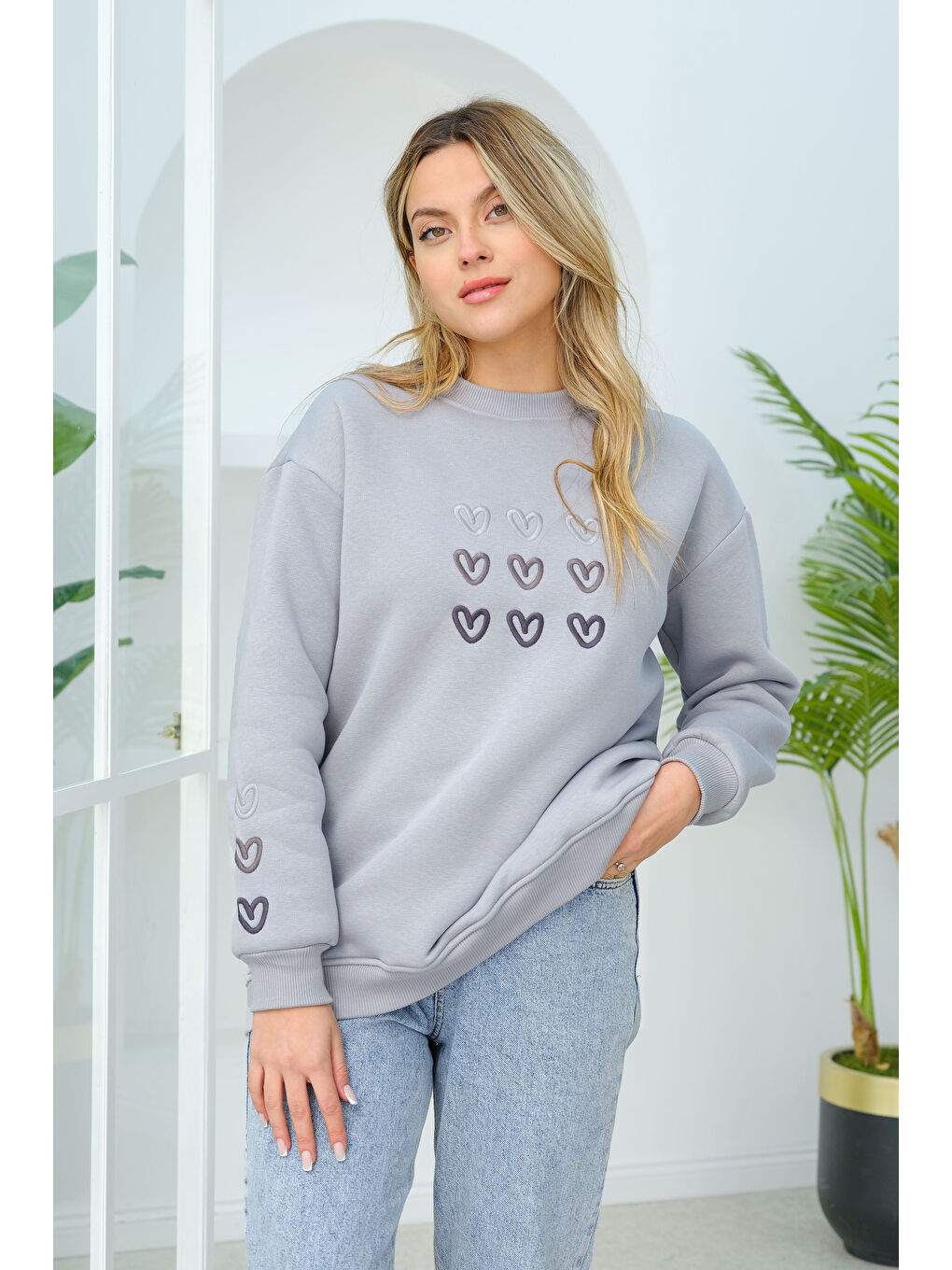 Locco Moda Kalp Nakışlı Sweat Gri - 3