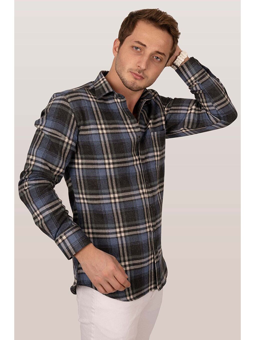 Lacivert Beyaz Slimfit %100 Pamuk Erkek Oduncu Gömlek-4