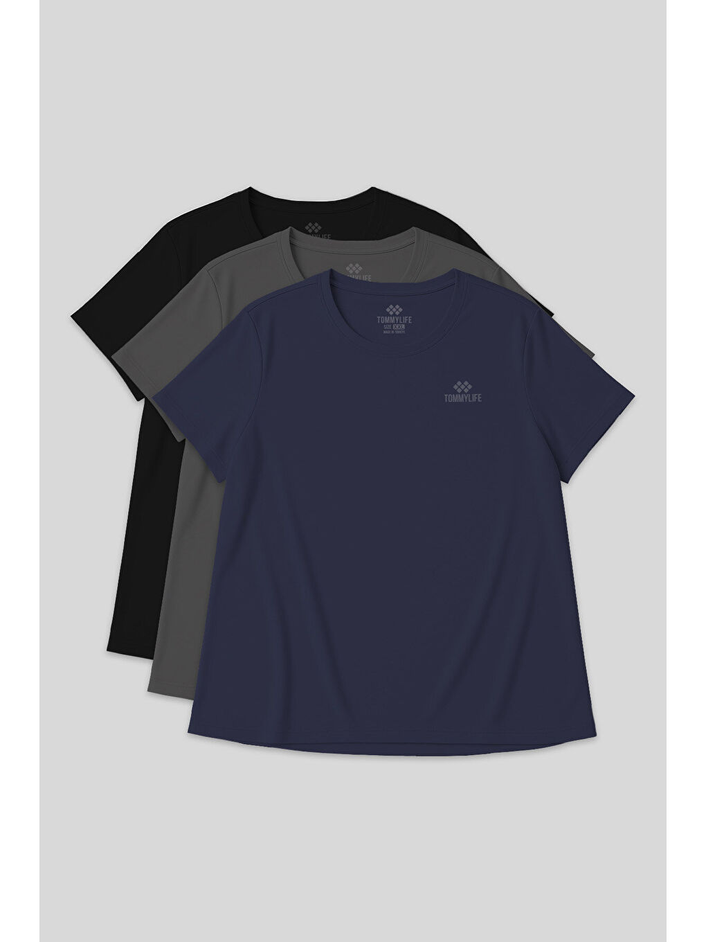 Rahat Form 3lü Paket Siyah-İndigo-Koyu Gri Battal Kadın T-Shirt - 97308