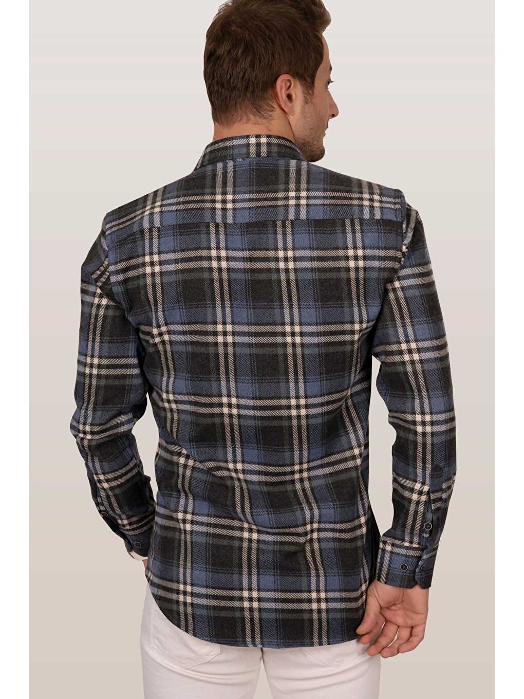 Lacivert Beyaz Slimfit %100 Pamuk Erkek Oduncu Gömlek-6