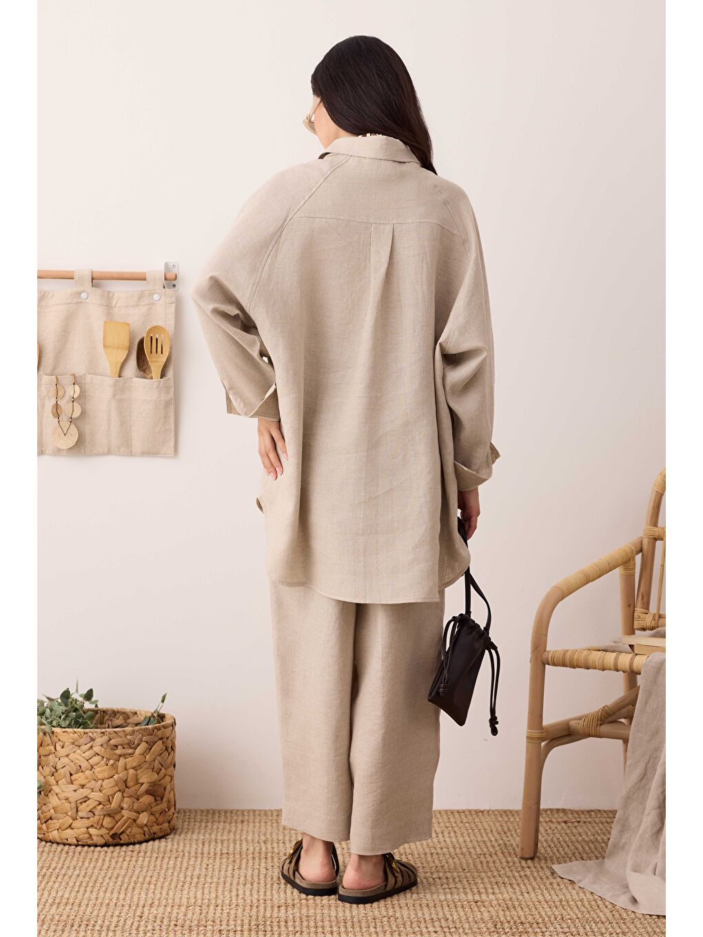 Bej Reglan Kol Basic Keten Gömlek Sedef-2