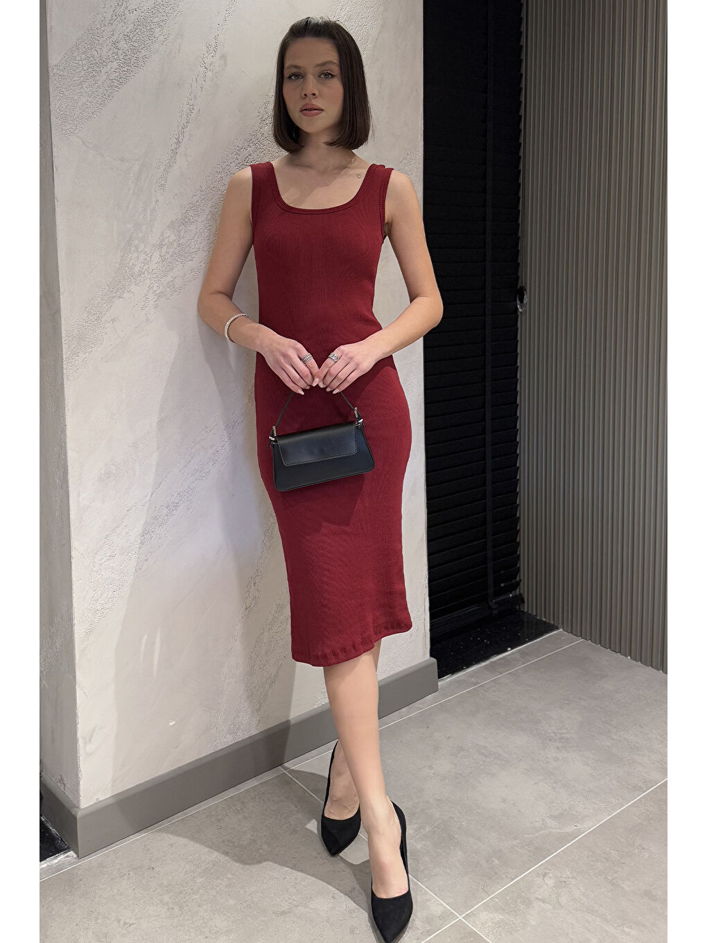 Bordo Kaşkorse Kare Yaka Askılı Elbise-1