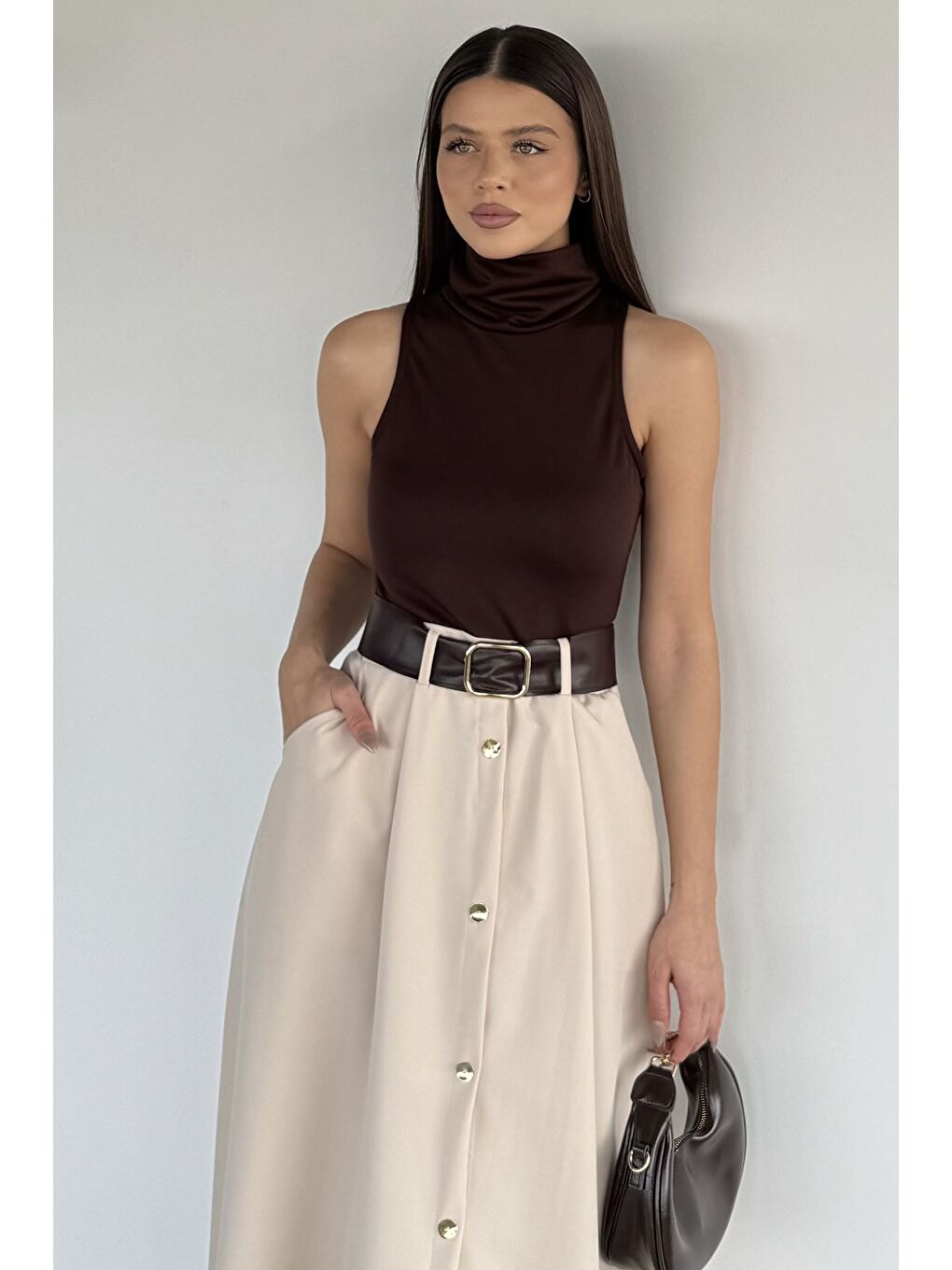 Kahverengi Kadın Balıkçı Yaka Çift Renkli Kemer Aksesuarlı Elbise-3