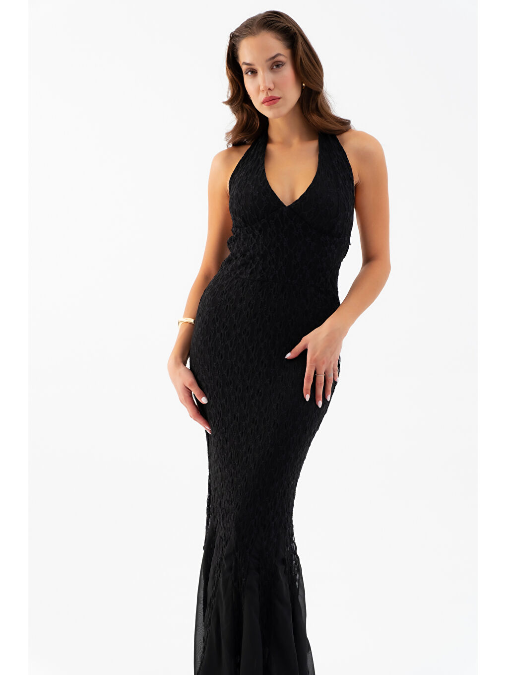 Kadın Siyah Halter Yaka Uzun Dantel Elbise-2