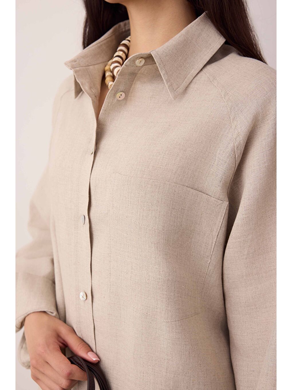Bej Reglan Kol Basic Keten Gömlek Sedef-4