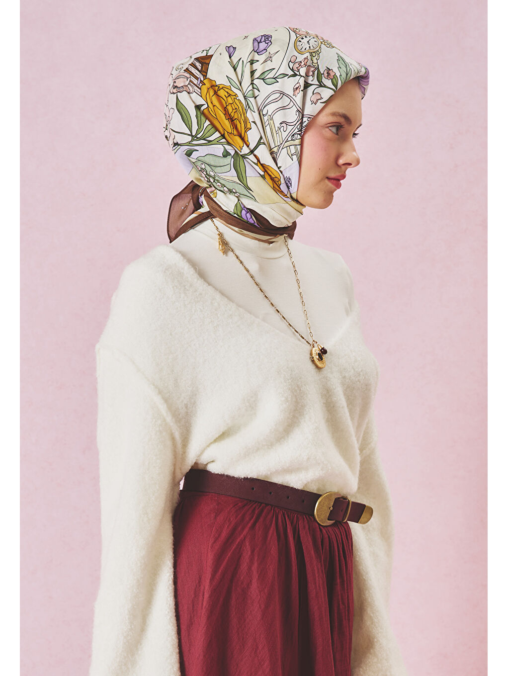 Kahverengi ONCE UPON A LOVE DESEN FLOŞ VİSKON EŞARP WOOD BROWN-3