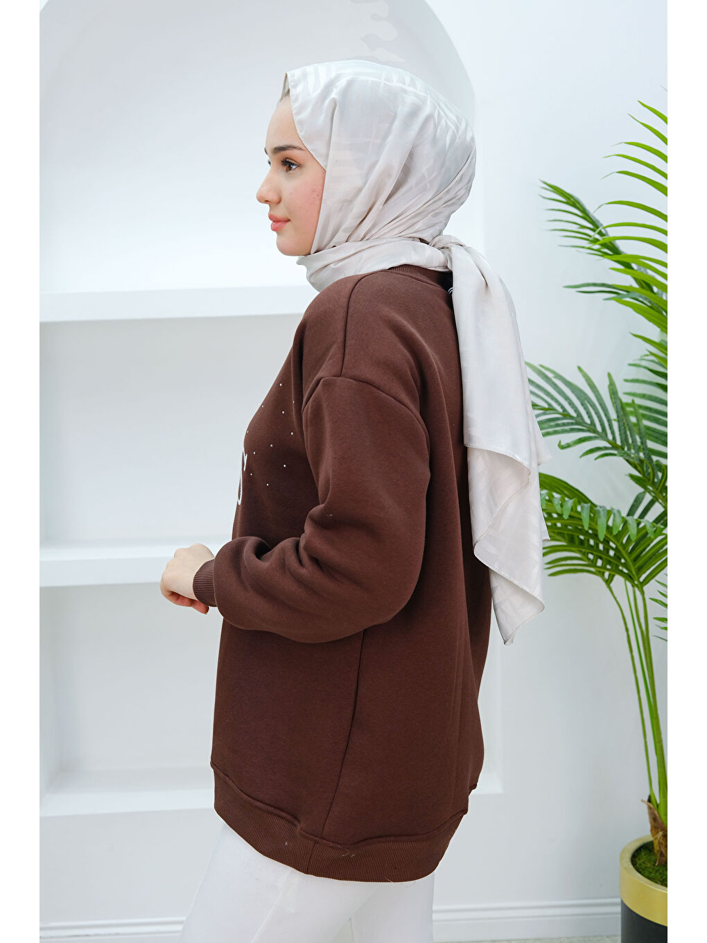 Locco Moda Taş Ve Nakış Detaylı Oversize Sweat Kahverengi - 2