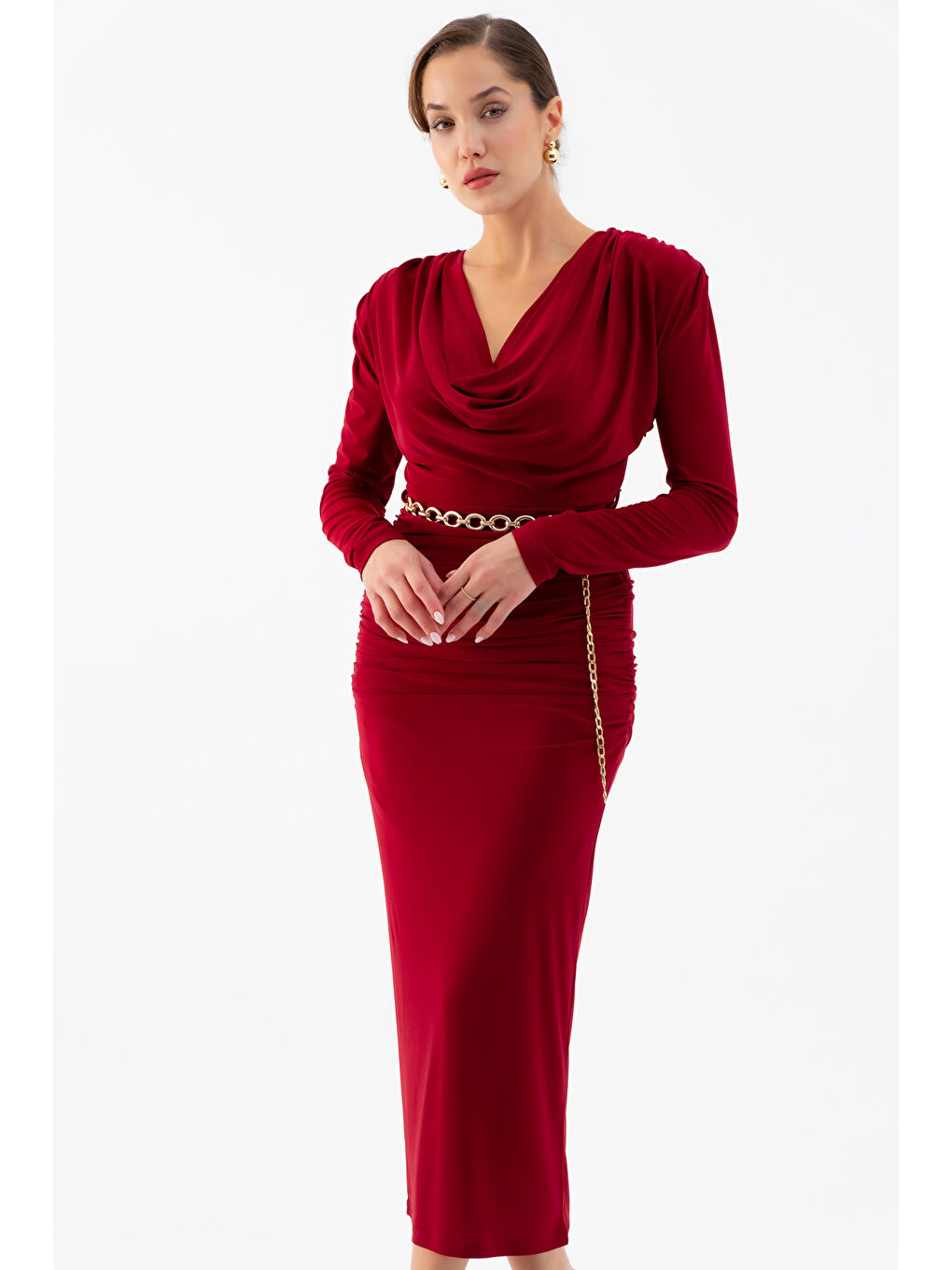 Kadın Bordo Degaje Yaka Zincir Kemerli Maxi Elbise-2