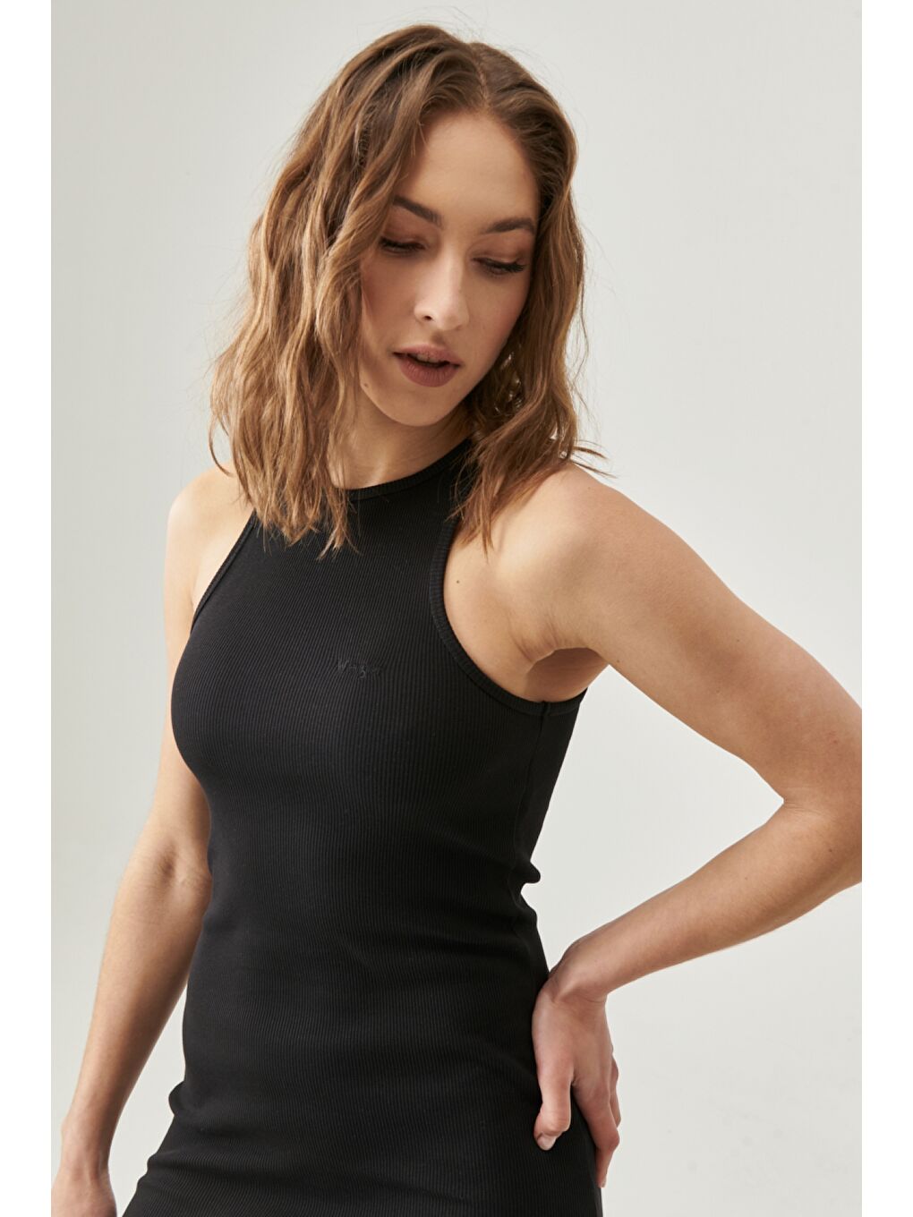 Siyah Skinny Fit %100 Pamuk Kolsuz Elbise-3