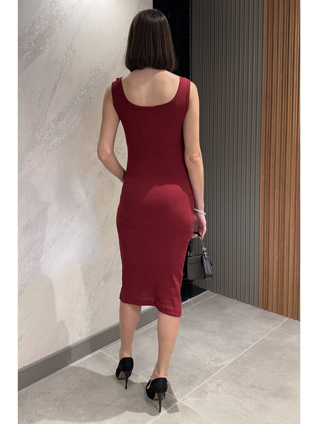 Bordo Kaşkorse Kare Yaka Askılı Elbise-2