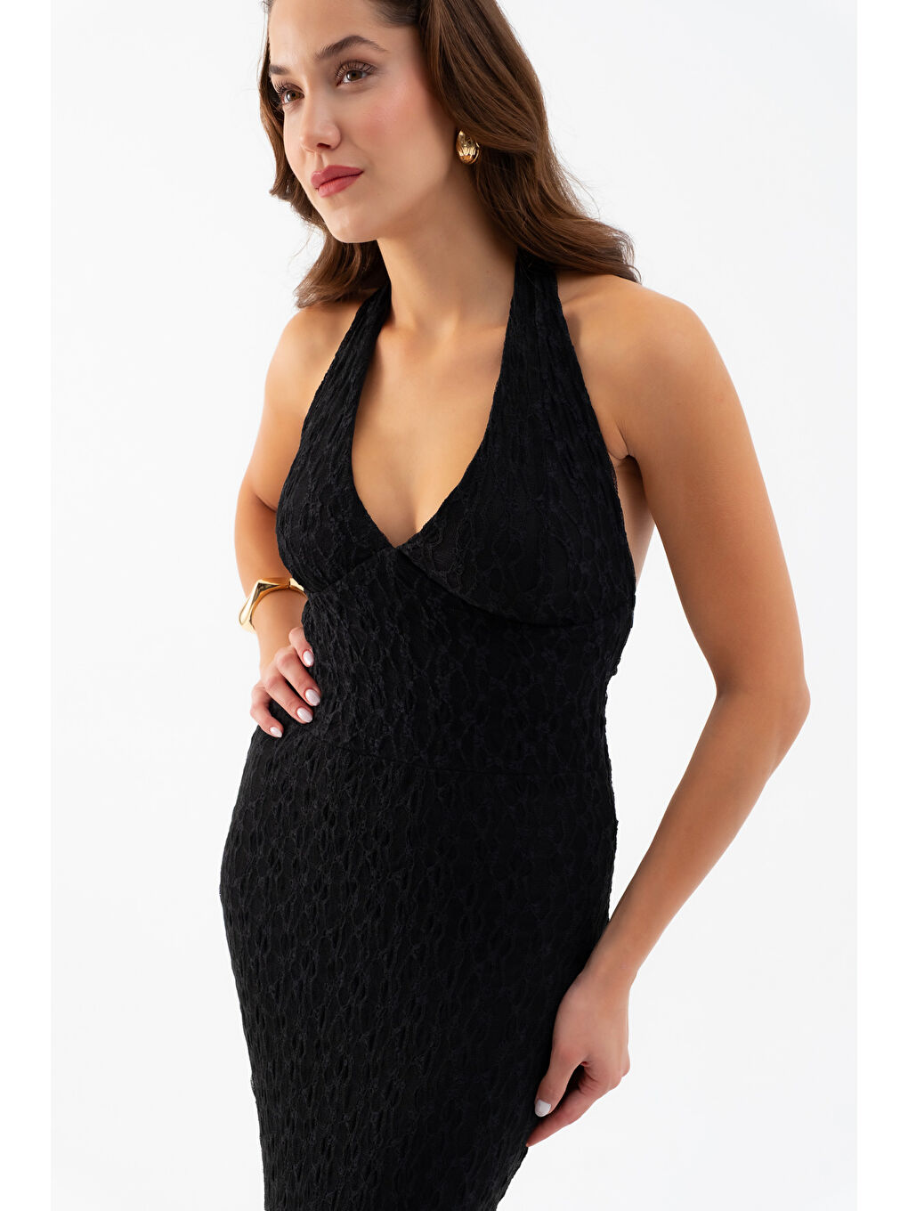 Kadın Siyah Halter Yaka Uzun Dantel Elbise-3