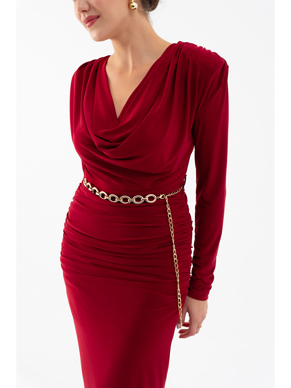 Kadın Bordo Degaje Yaka Zincir Kemerli Maxi Elbise-3