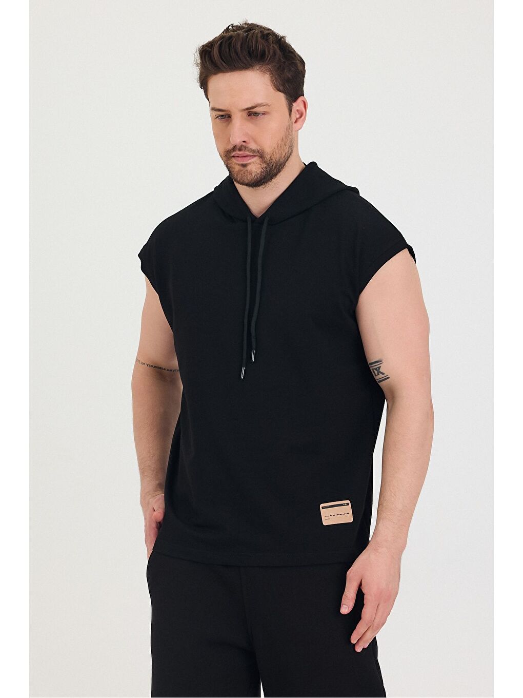 Lacivert Kapüşonlu Sıfır Kol Oversize Salaş Unisex Tişört-2