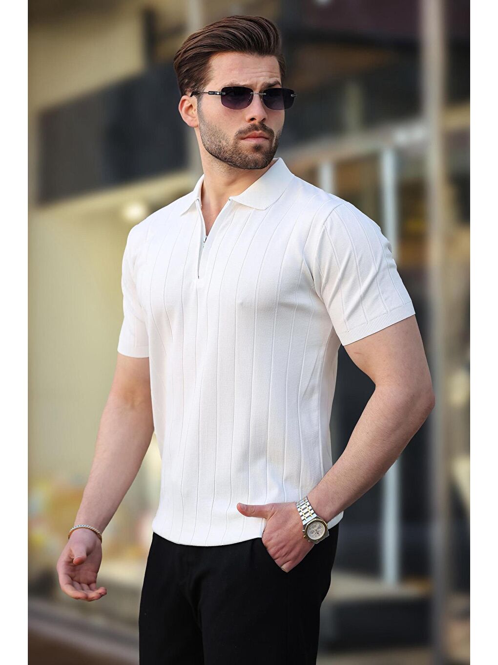 Beyaz Polo Yaka Fermuarlı Erkek T-Shirt E7298