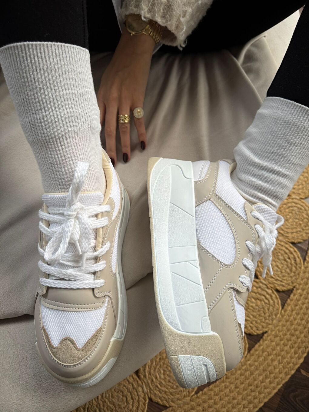 Bej Kadın Rahat Kalıp Ortopedik Günlük Bağcıklı Sneakers Ve Spor Ayakkabı Yüksek Taban 6 Cm-2