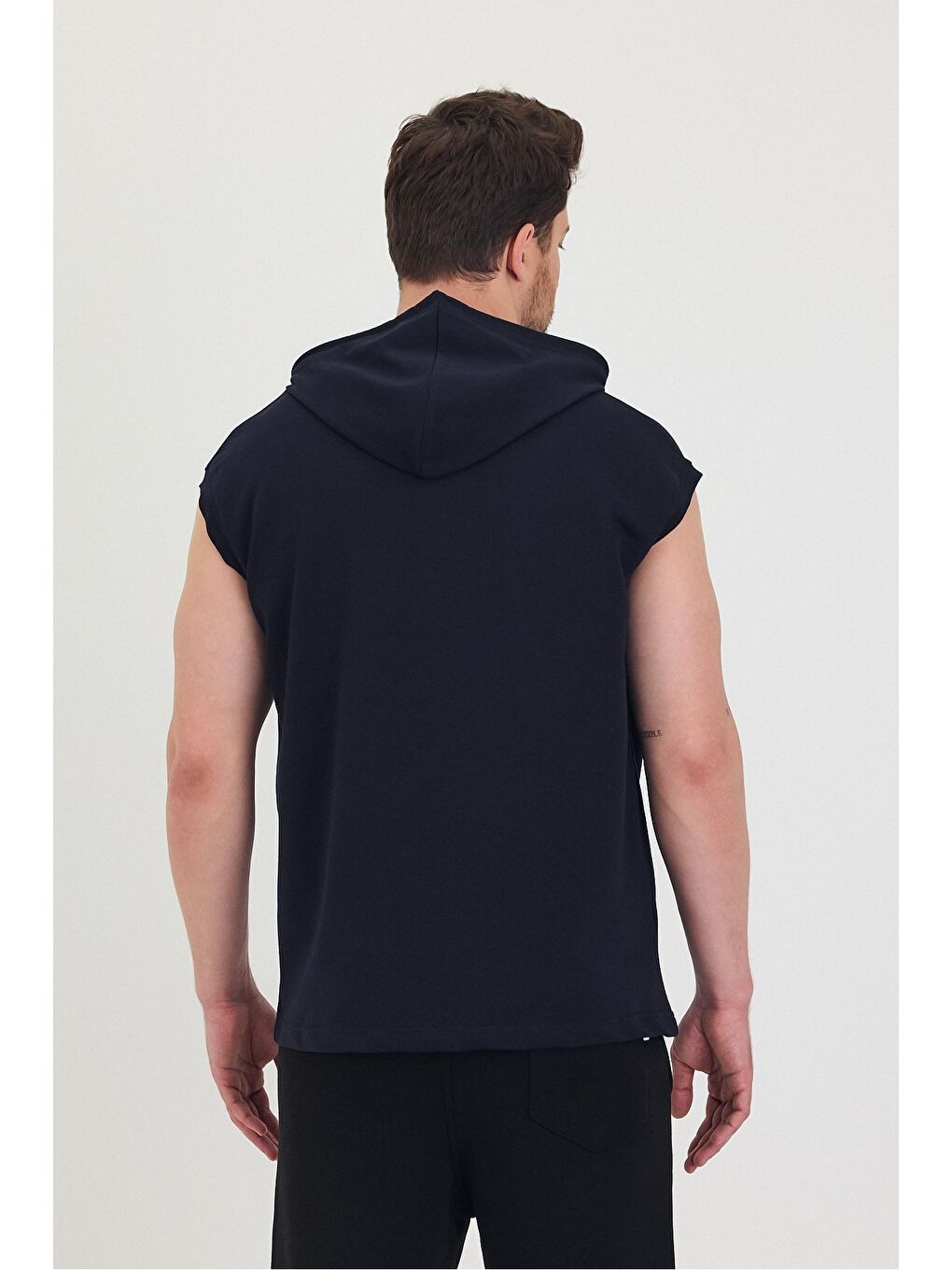 Lacivert Kapüşonlu Sıfır Kol Oversize Salaş Unisex Tişört-6