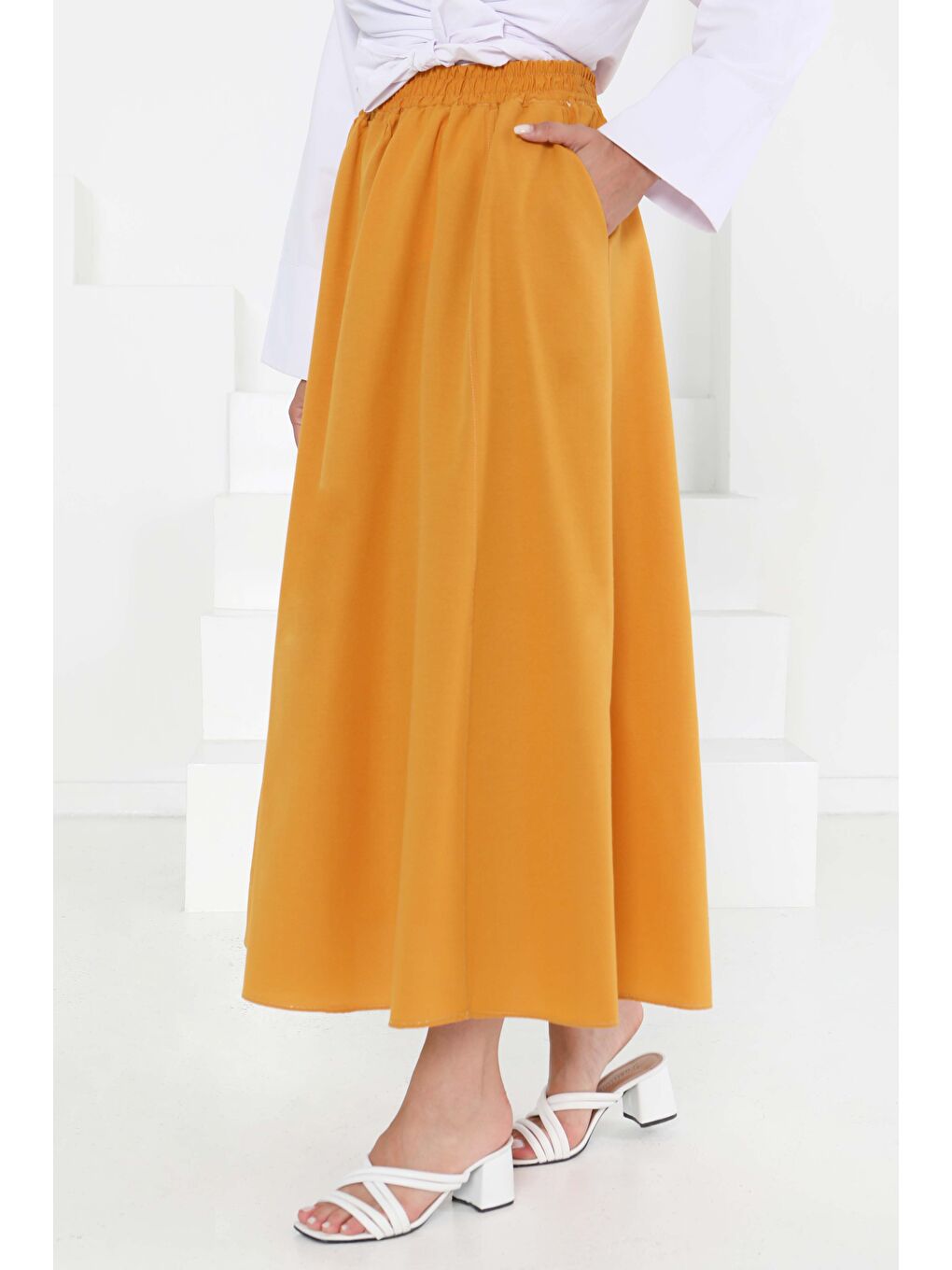 Sarı Cepli Keten Etek Hardal - 27294-1