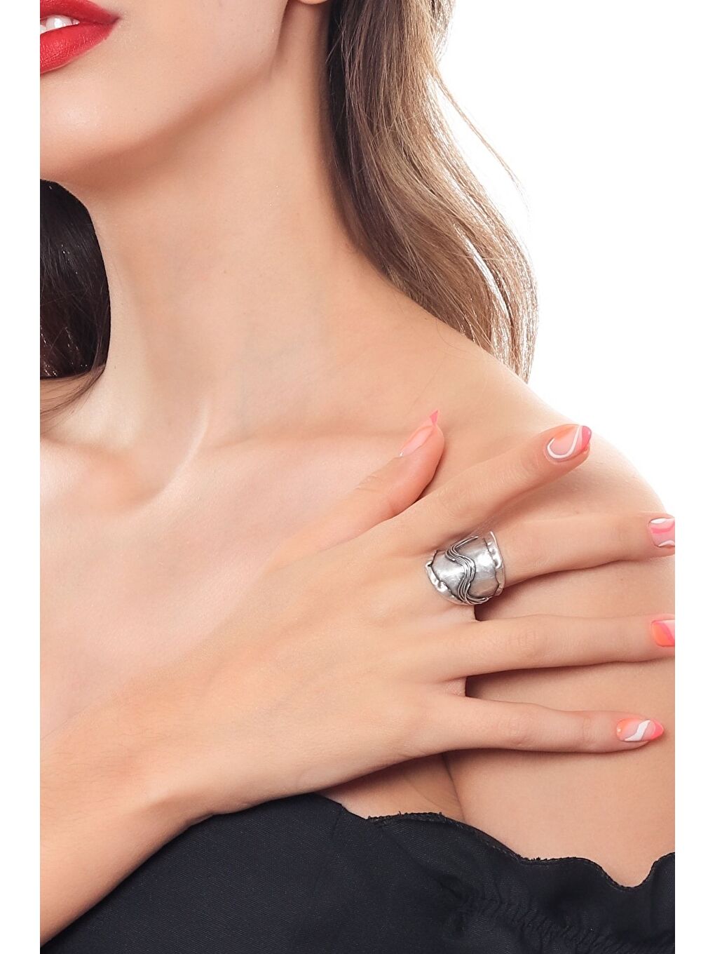 Gri Kadın Antik Gümüş Kaplama El Yapımı Ayarlanabilir Bohem Yüzük-3