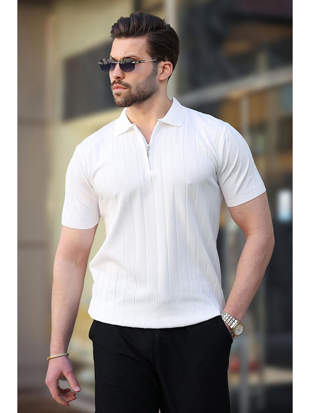 Beyaz Polo Yaka Fermuarlı Erkek T-Shirt E7298-1