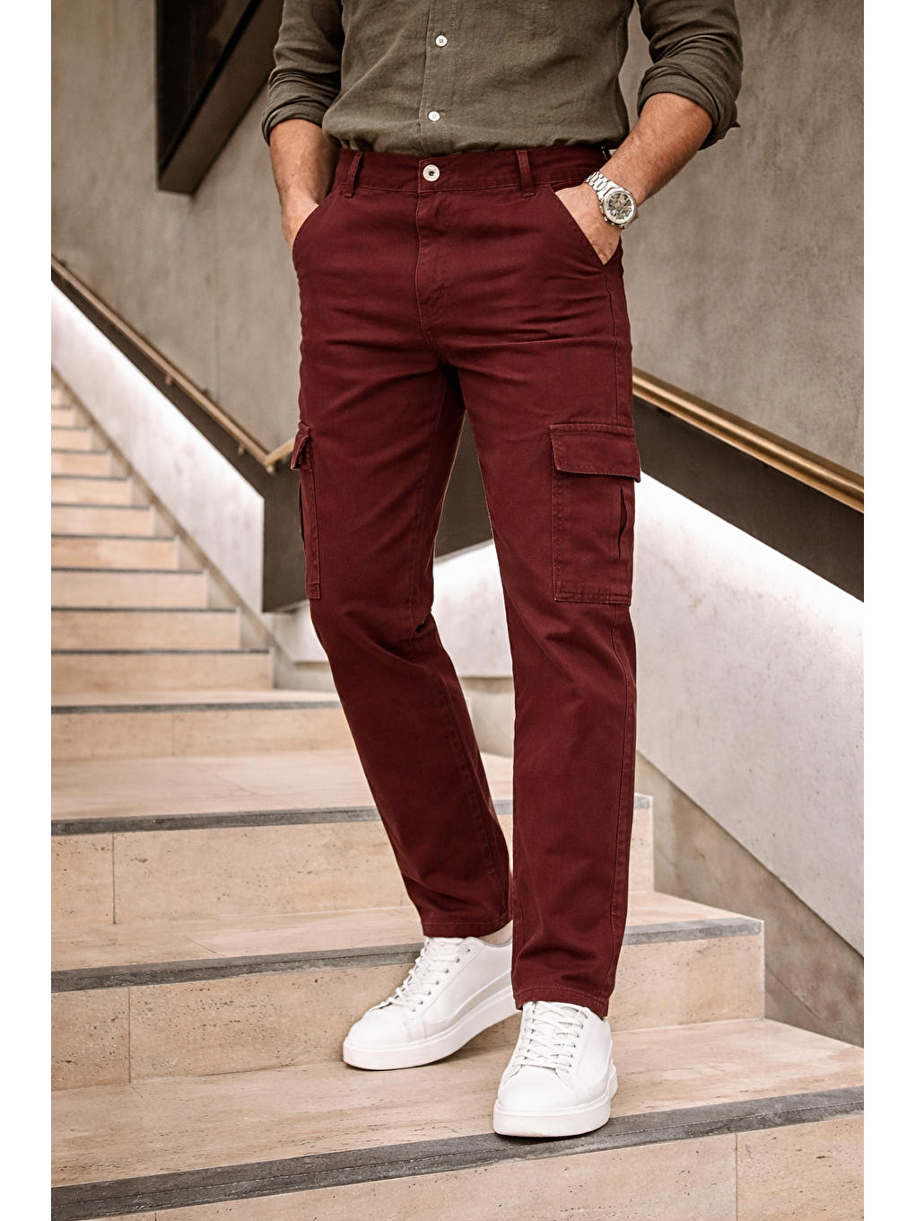 Kahverengi Erkek Yüksek Bel Bol Paça Kiremit Kargo Baggy Pantolon