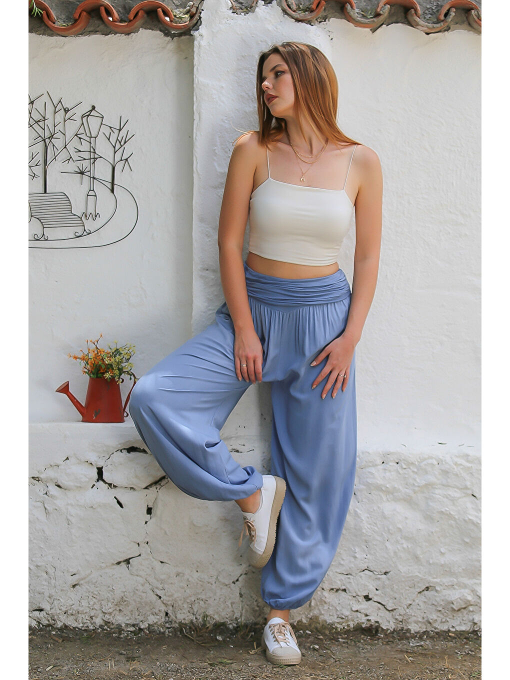 İtalyan Açık Mavi Dokuma Ekstra Yüksek Bel Lastikli Paça Casual Viskon Pantolon-1