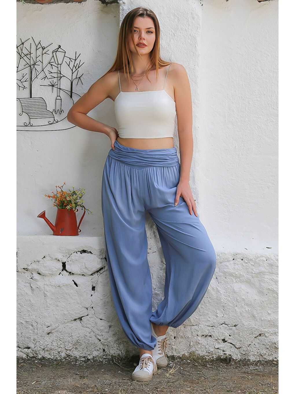 İtalyan Açık Mavi Dokuma Ekstra Yüksek Bel Lastikli Paça Casual Viskon Pantolon-2
