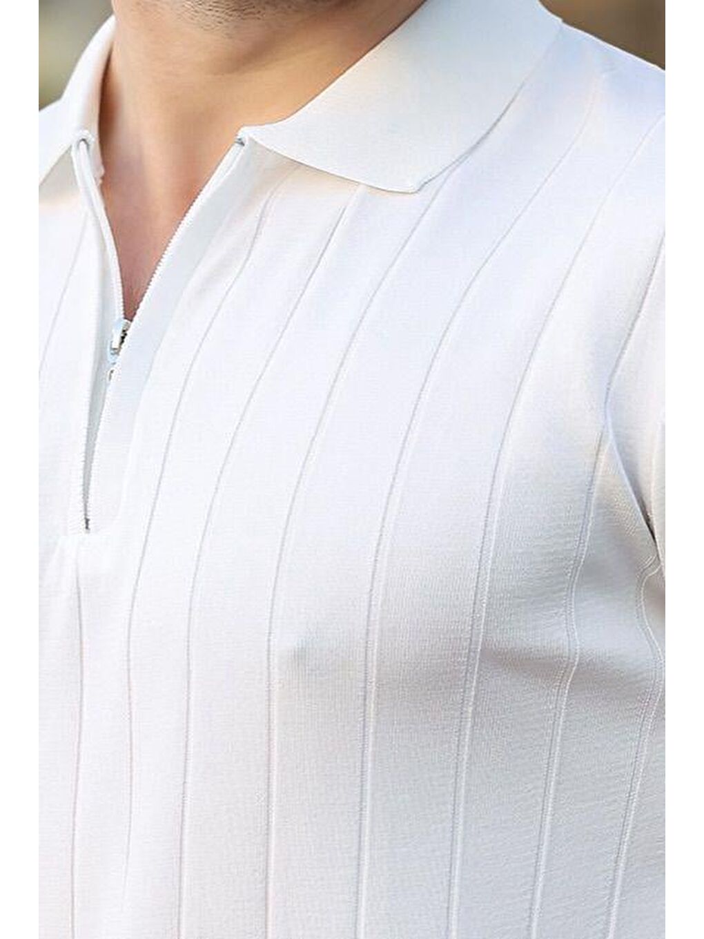 Beyaz Polo Yaka Fermuarlı Erkek T-Shirt E7298-2