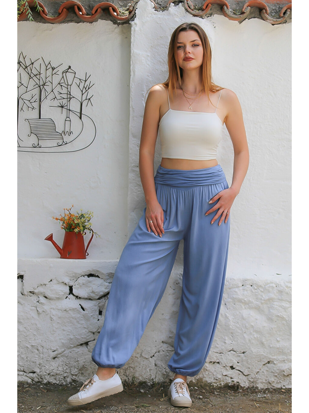 İtalyan Açık Mavi Dokuma Ekstra Yüksek Bel Lastikli Paça Casual Viskon Pantolon-3