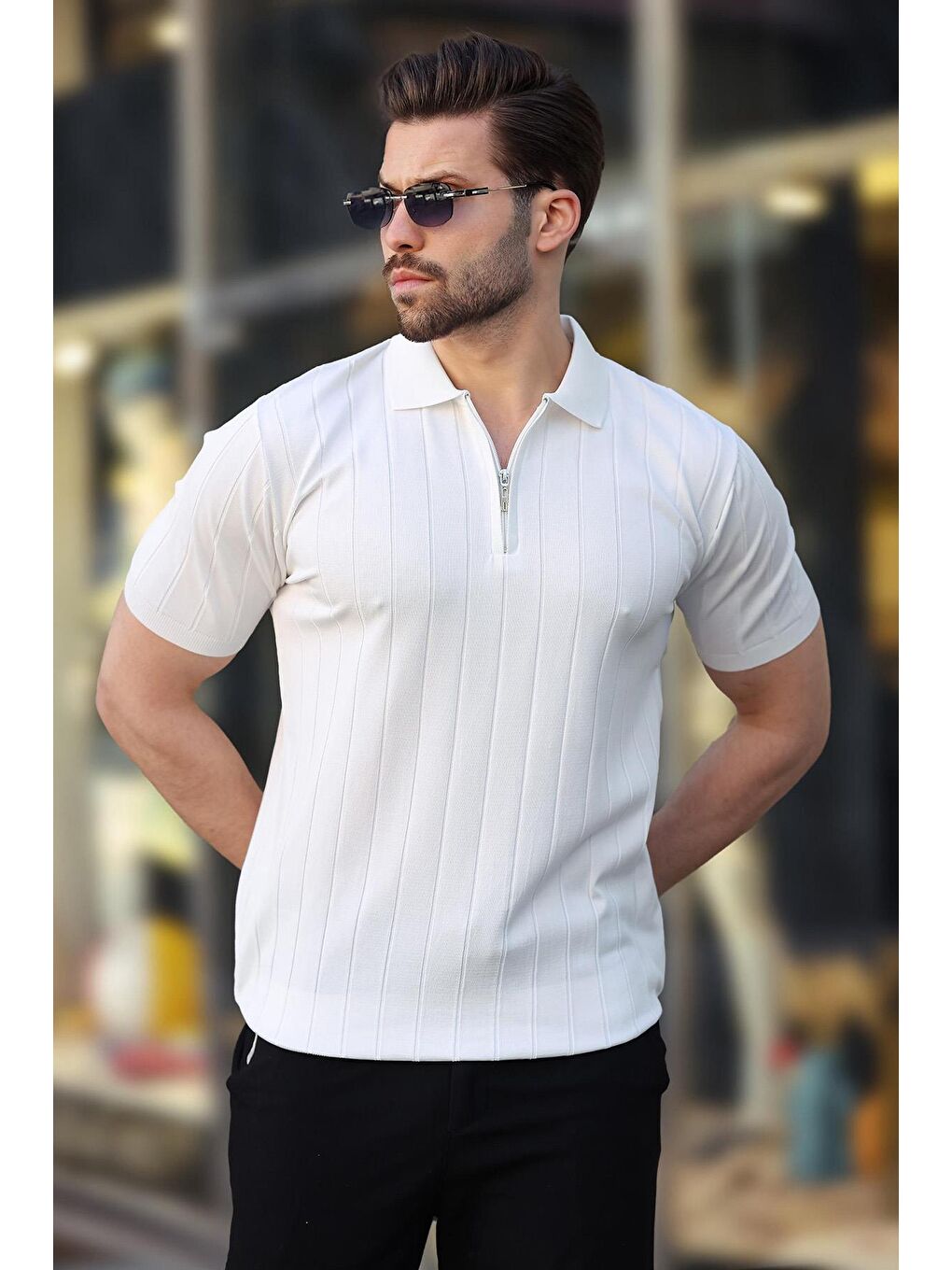 Beyaz Polo Yaka Fermuarlı Erkek T-Shirt E7298-3