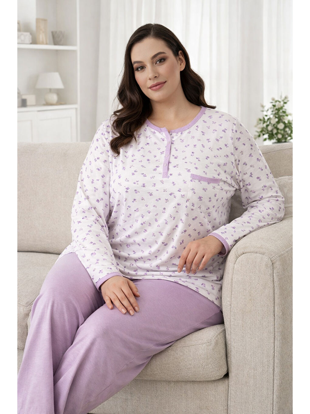 Kadın Uzun Kol Kroşetalı Patlı Pamuklu Pijama Takımı 240854 Beyaz