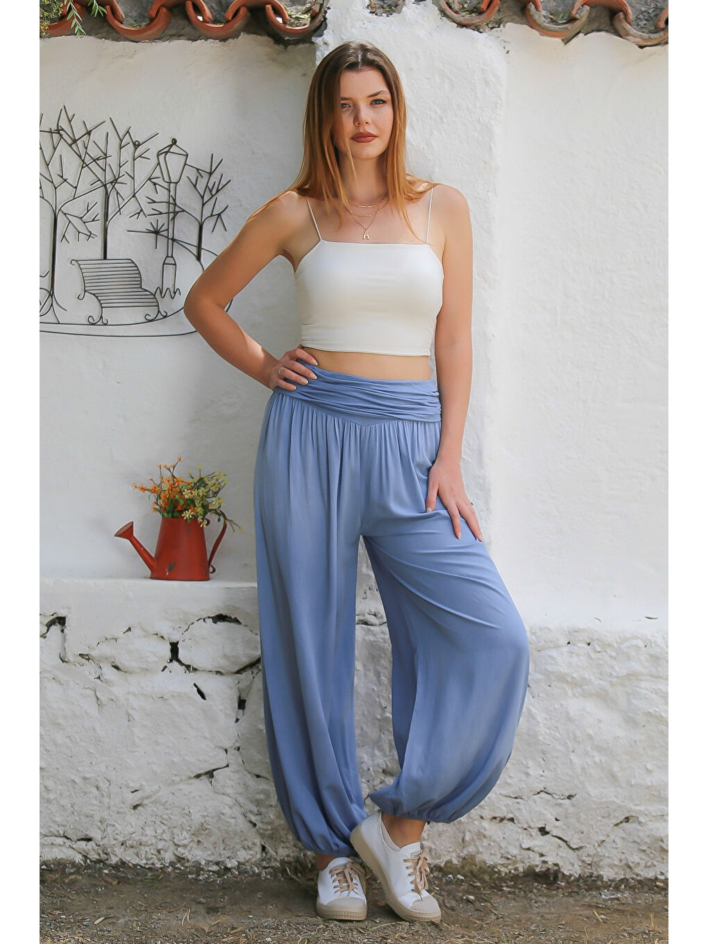 İtalyan Açık Mavi Dokuma Ekstra Yüksek Bel Lastikli Paça Casual Viskon Pantolon-5