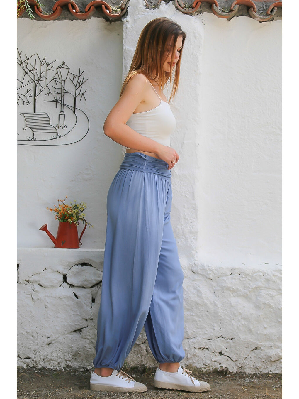 İtalyan Açık Mavi Dokuma Ekstra Yüksek Bel Lastikli Paça Casual Viskon Pantolon-6