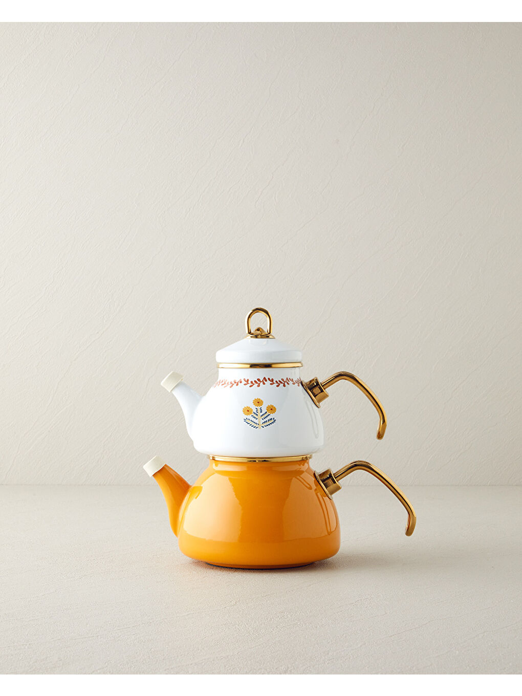 English Home Ornate Retro Emaye Mini Çaydanlık 0,50 lt + 1,1 lt Beyaz-Hardal