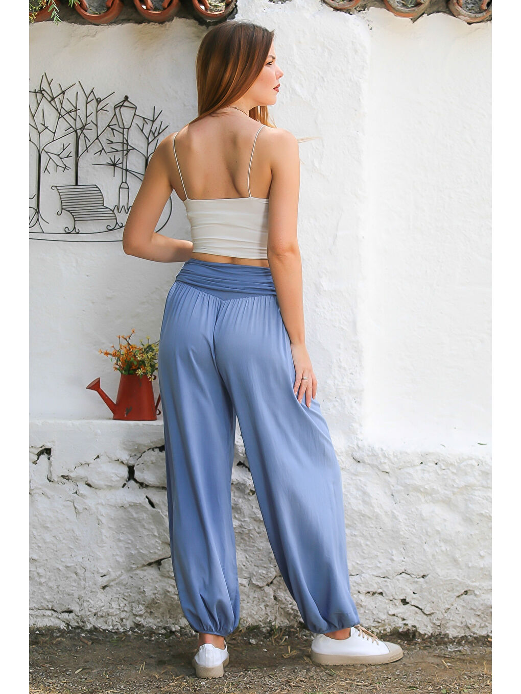 İtalyan Açık Mavi Dokuma Ekstra Yüksek Bel Lastikli Paça Casual Viskon Pantolon-7