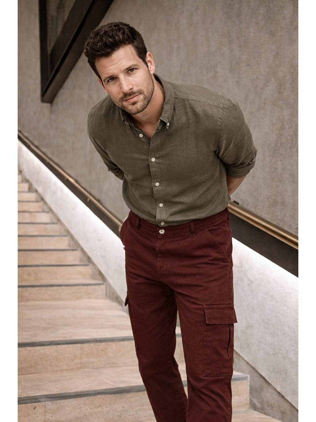 Kahverengi Erkek Yüksek Bel Bol Paça Kiremit Kargo Baggy Pantolon-1