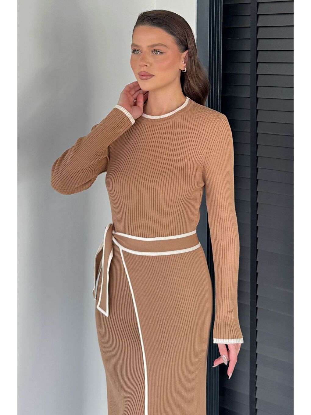 Ekru Kadın Triko Elbise-2