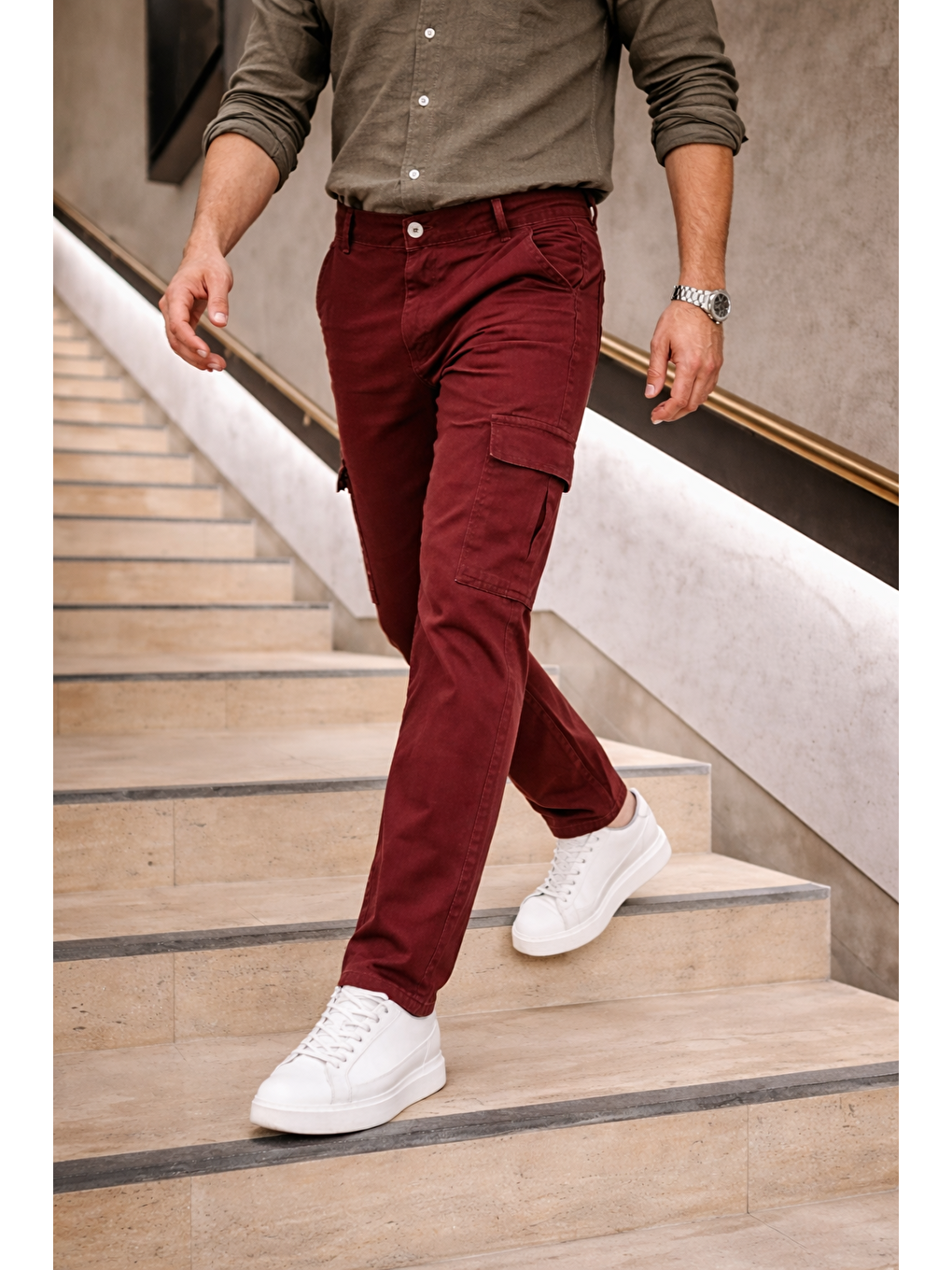 Kahverengi Erkek Yüksek Bel Bol Paça Kiremit Kargo Baggy Pantolon-2