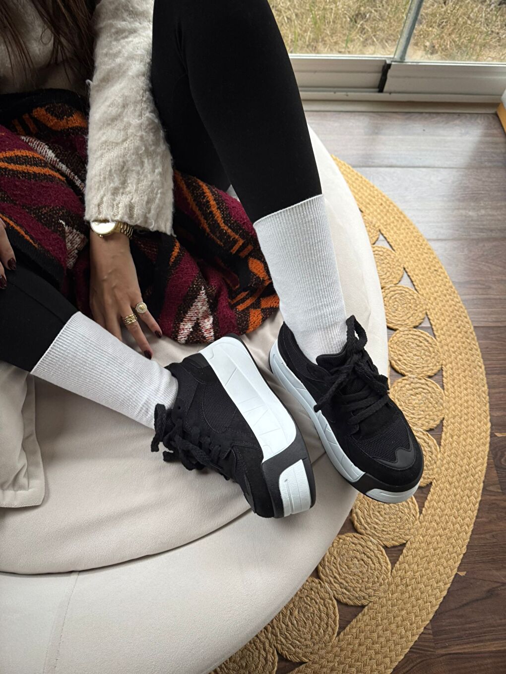 Siyah Kadın Rahat Kalıp Ortopedik Günlük Bağcıklı Sneakers Ve Spor Ayakkabı Yüksek Taban 6 Cm