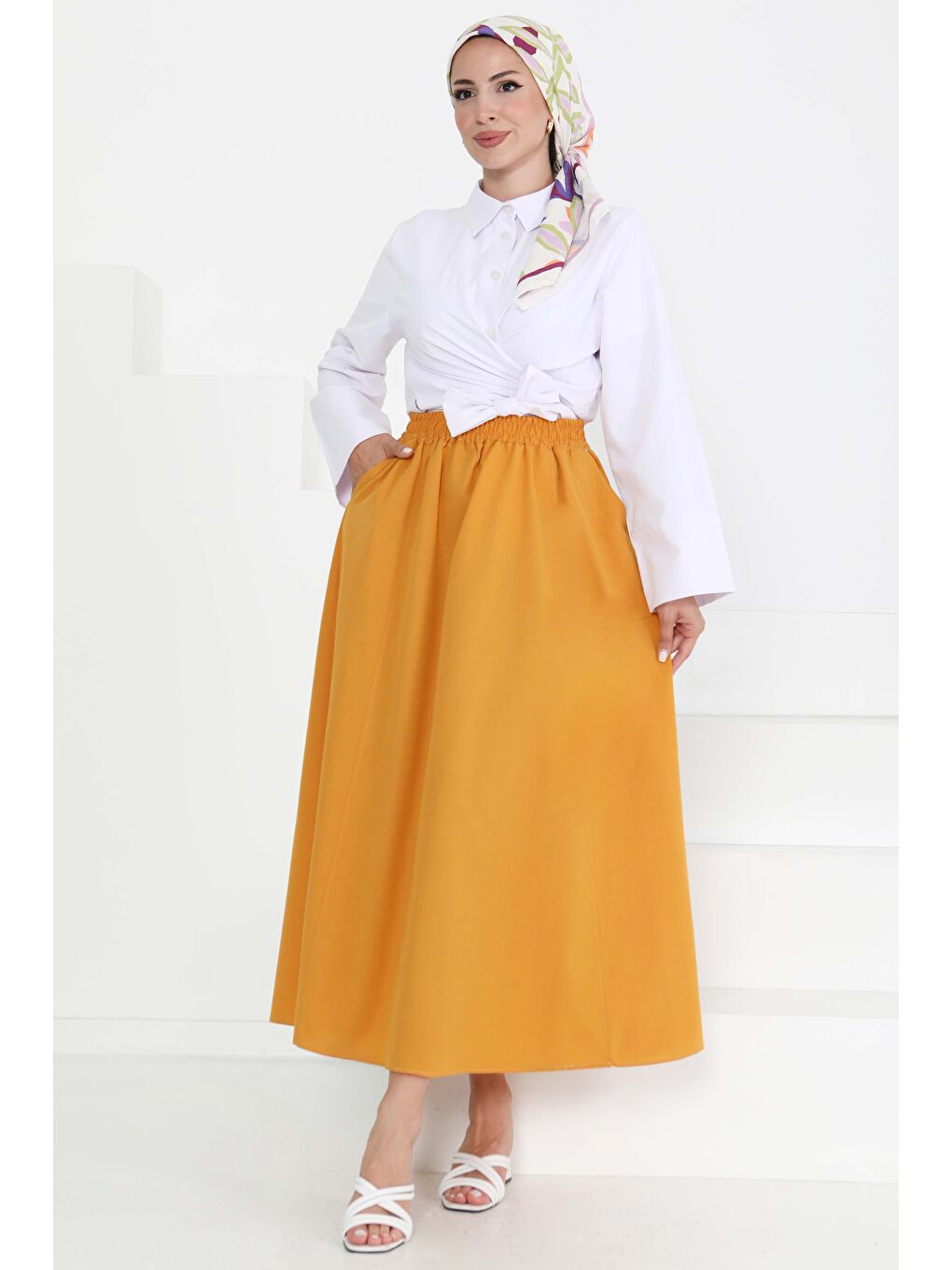 Sarı Cepli Keten Etek Hardal - 27294-2
