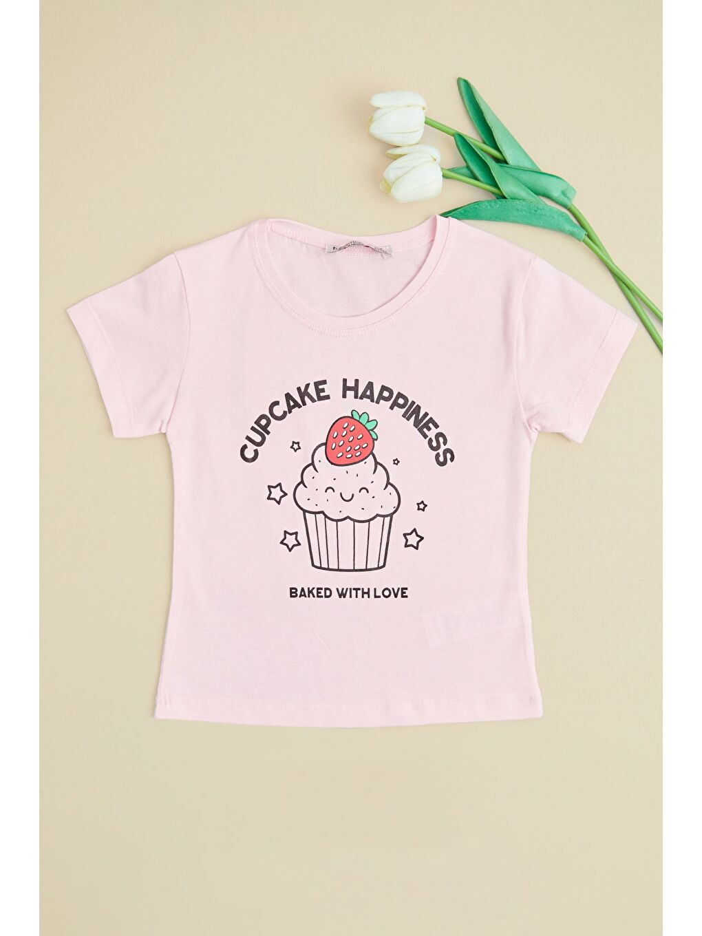 Pembe Cupcake Happıness Baskılı Kız Çocuk Tişört